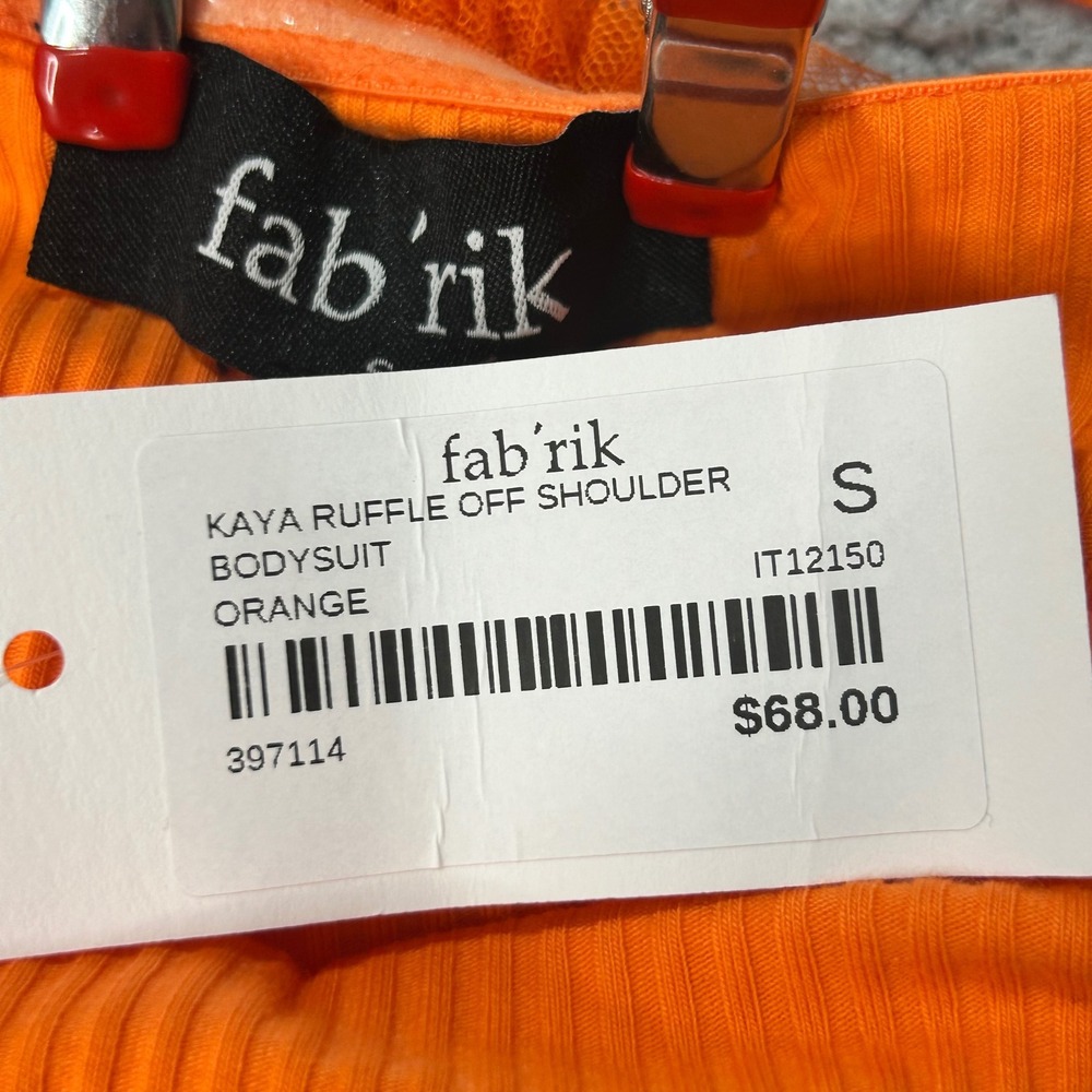 fab'rik Bodysuit Kaya Ruffle Off Shoulder S Orange Tulle Ribbed Mesh Festival - Picture 4 of 8